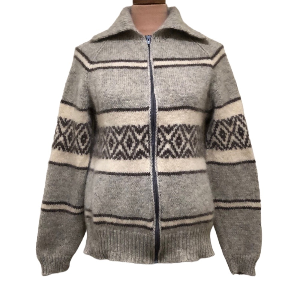 Vintage Full Zip Cardigan Sweater Size Medium Tan Fair Isle Pure Virgin Wool